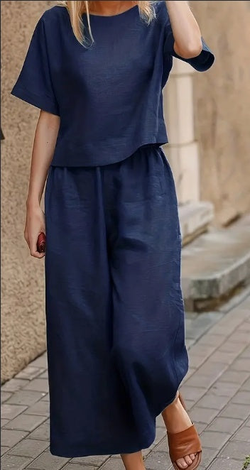 Chic Solid Two-piece Set - Comfortable Neck T-Shirt & Flattering Wide Leg Pants